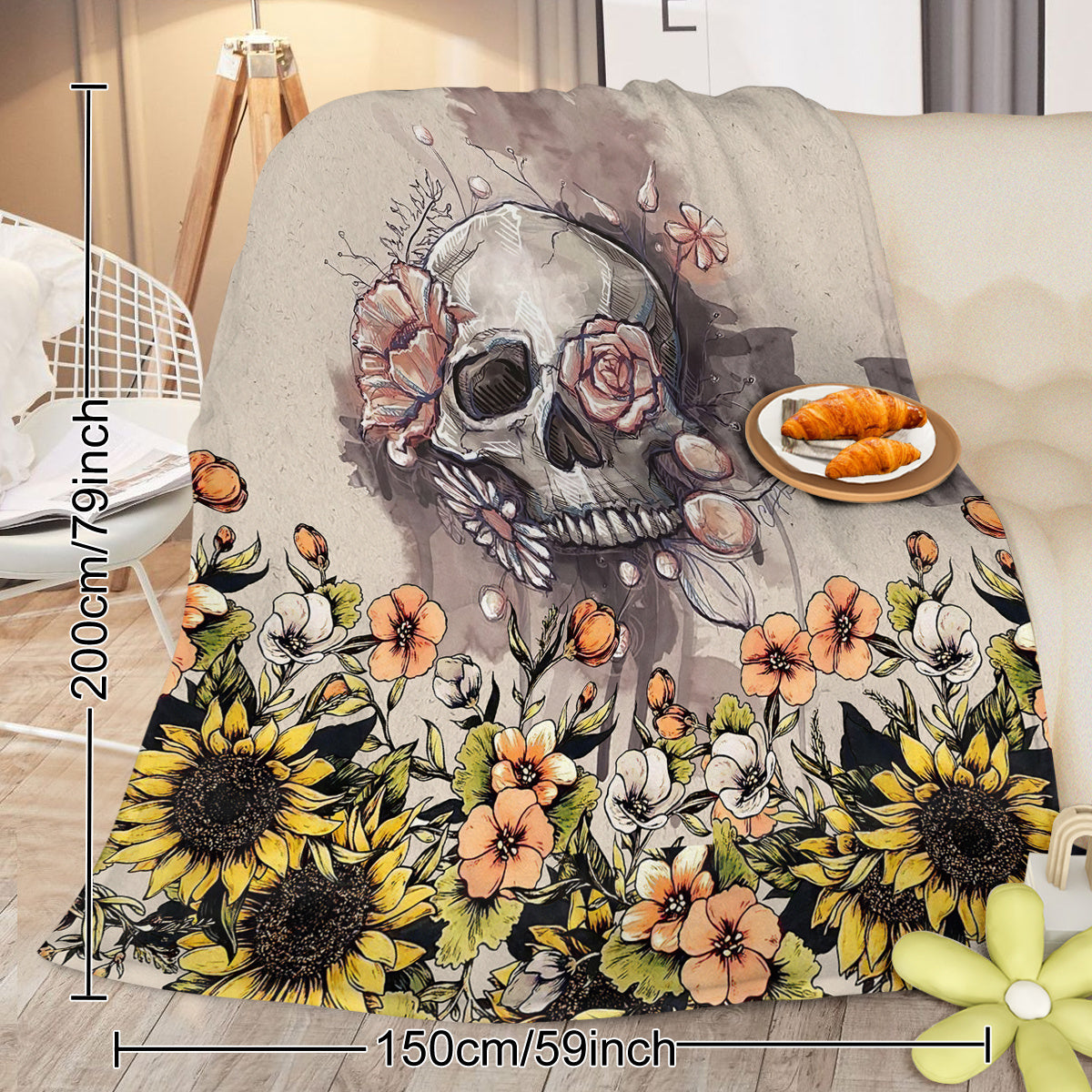 HKM-056595 Rustic Skull and Sunflower Flannel Throw Blanket - Soft Plush Fleece for Couch, Bed, and Car - Multiple Sizes Available