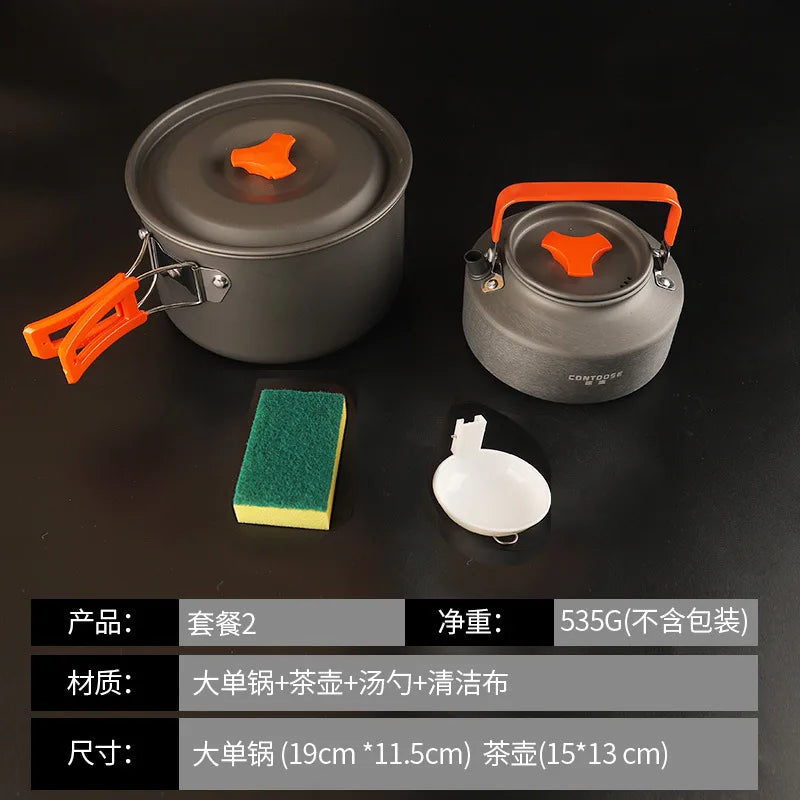 KTX-056787 Portable Anodised Camping Cookware Set with Foldable Stove and Hanging Pot for Outdoor Cooking