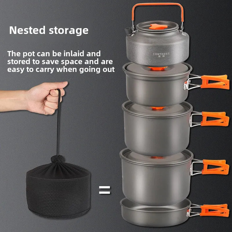 KTX-056787 Portable Anodised Camping Cookware Set with Foldable Stove and Hanging Pot for Outdoor Cooking