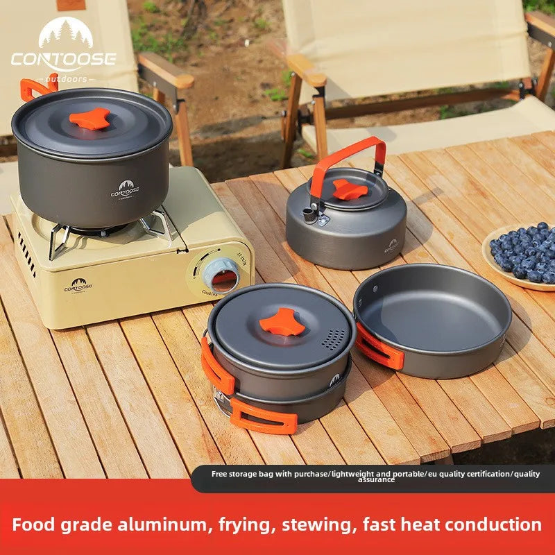 KTX-056787 Portable Anodised Camping Cookware Set with Foldable Stove and Hanging Pot for Outdoor Cooking