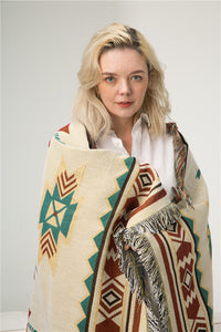 HKM-056979 Geometric Pattern Cotton Blanket with Tassels for RV and Picnic Use