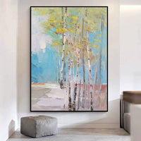HKM-057363 Handmade Abstract Birch Forest Oil Painting Canvas Art for Living Room Decor, Unframed and Rolled