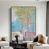 HKM-057363 Handmade Abstract Birch Forest Oil Painting Canvas Art for Living Room Decor, Unframed and Rolled