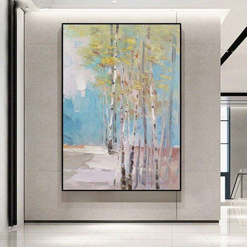 HKM-057363 Handmade Abstract Birch Forest Oil Painting Canvas Art for Living Room Decor, Unframed and Rolled