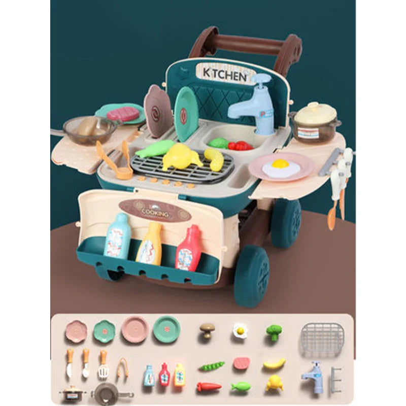 HKM-057683 Kids Kitchen Cooking Push Food Cart Play Set with Color Changing Features for Indoor BBQ Fun