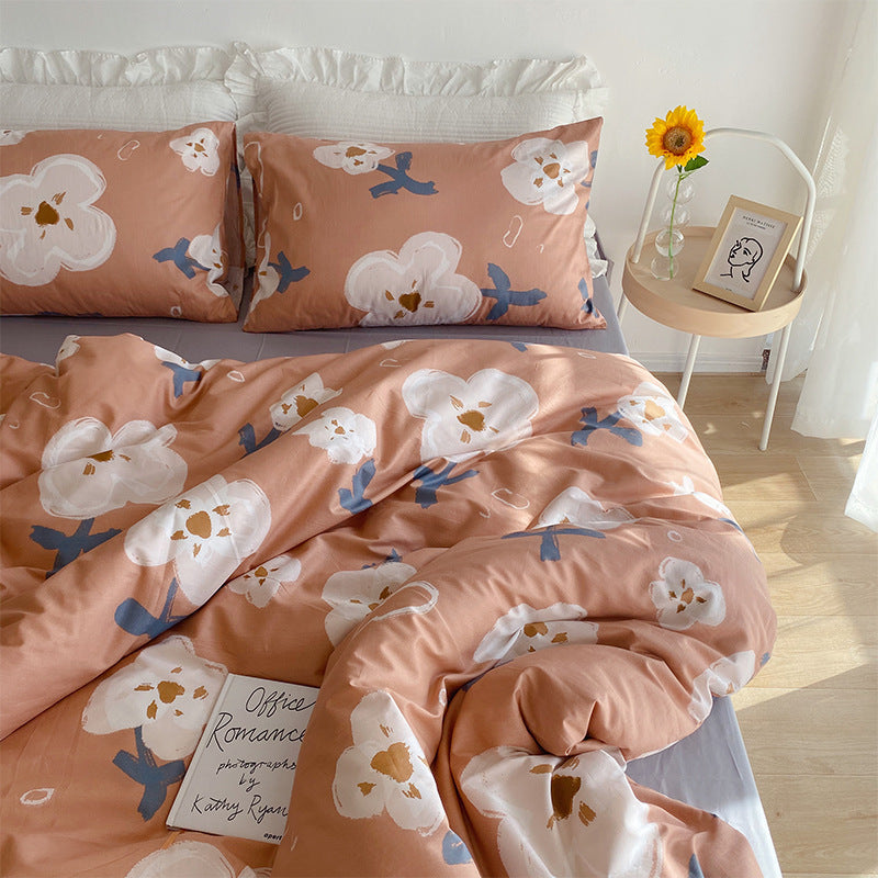 HKM-058579 Floral Print Cotton Bedding Set in Various Sizes with Pillowcases and Quilt Covers
