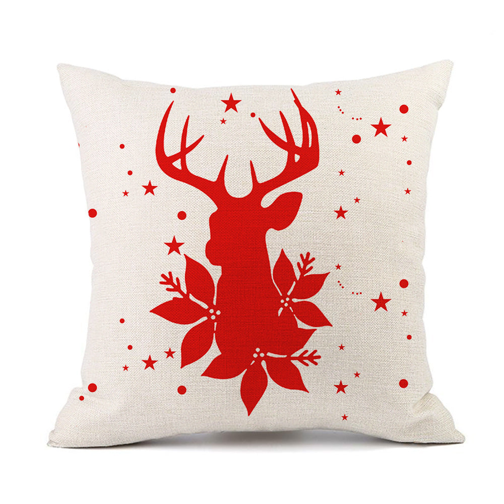 HKM-059411 Christmas Elk Santa Claus Cushion - Red Festive Printed Linen Pillow, 45x45cm, PP Cotton Filling