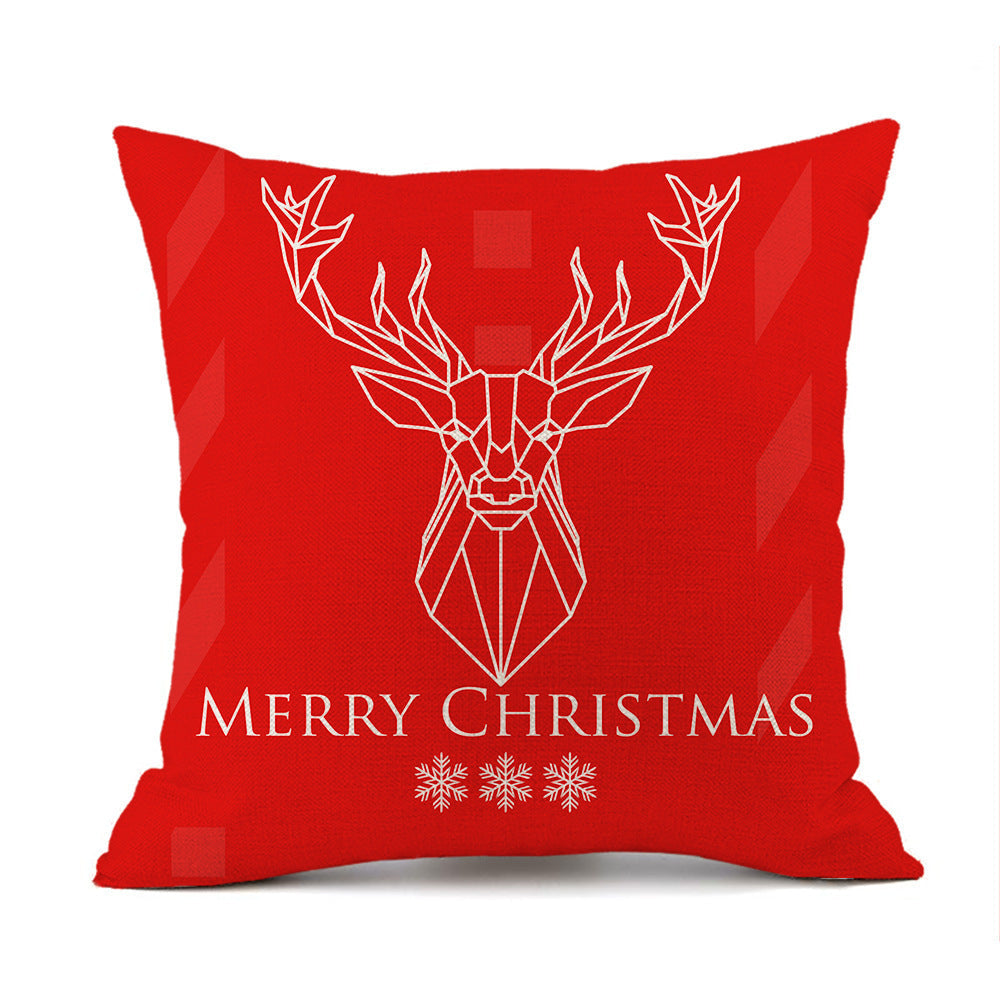 HKM-059411 Christmas Elk Santa Claus Cushion - Red Festive Printed Linen Pillow, 45x45cm, PP Cotton Filling
