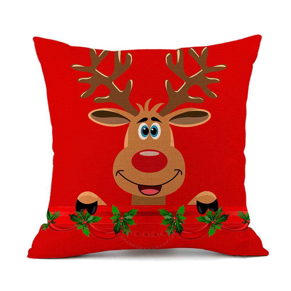 HKM-059411 Christmas Elk Santa Claus Cushion - Red Festive Printed Linen Pillow, 45x45cm, PP Cotton Filling