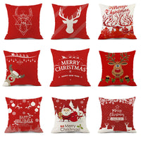 HKM-059411 Christmas Elk Santa Claus Cushion - Red Festive Printed Linen Pillow, 45x45cm, PP Cotton Filling