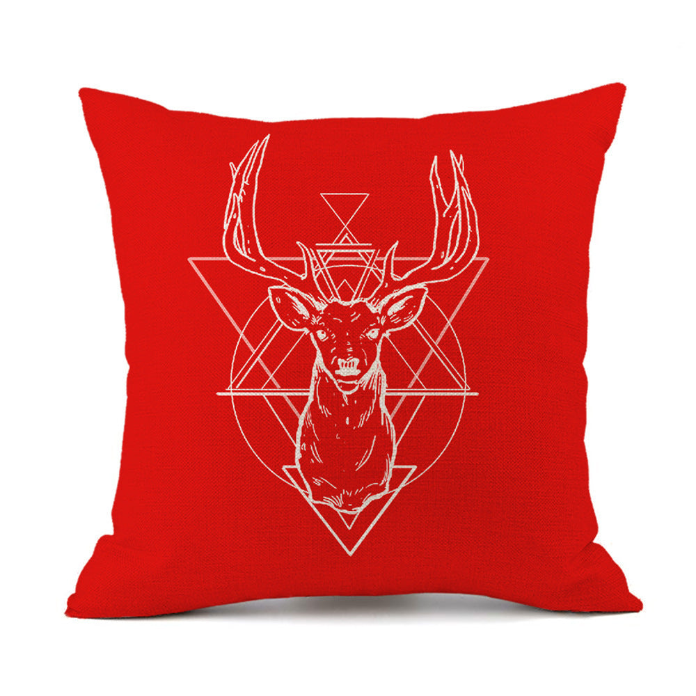 HKM-059411 Christmas Elk Santa Claus Cushion - Red Festive Printed Linen Pillow, 45x45cm, PP Cotton Filling