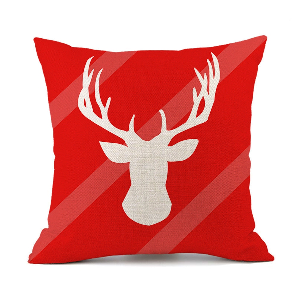 HKM-059411 Christmas Elk Santa Claus Cushion - Red Festive Printed Linen Pillow, 45x45cm, PP Cotton Filling
