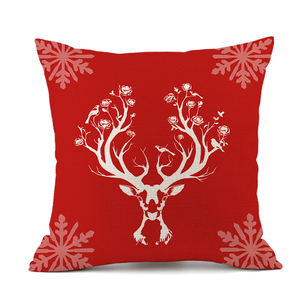 HKM-059411 Christmas Elk Santa Claus Cushion - Red Festive Printed Linen Pillow, 45x45cm, PP Cotton Filling