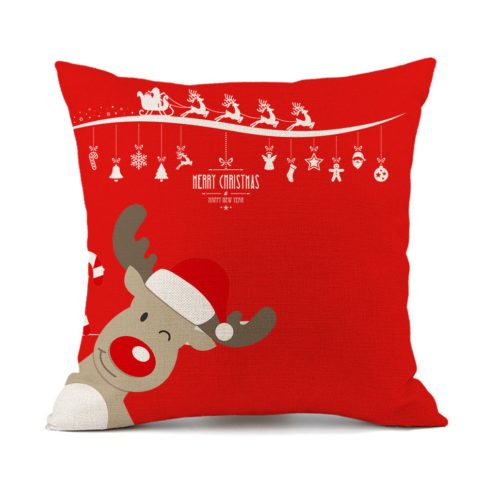HKM-059411 Christmas Elk Santa Claus Cushion - Red Festive Printed Linen Pillow, 45x45cm, PP Cotton Filling