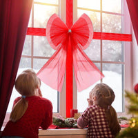 HKM-059539 Elegant Red Organza Christmas Door Bow Set - Double-Layer, 60x80CM with Easy-Use Pins