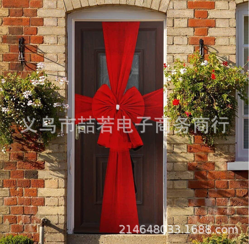 HKM-059539 Elegant Red Organza Christmas Door Bow Set - Double-Layer, 60x80CM with Easy-Use Pins