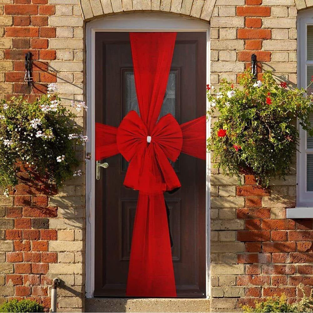 HKM-059539 Elegant Red Organza Christmas Door Bow Set - Double-Layer, 60x80CM with Easy-Use Pins
