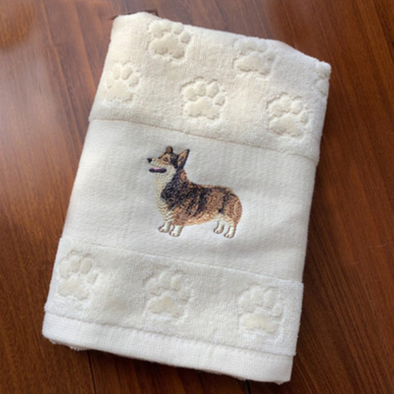 HKM-060307 Cotton Dog Embroidery Water Absorbent Towel, Soft and Comfortable 62cm x 40cm