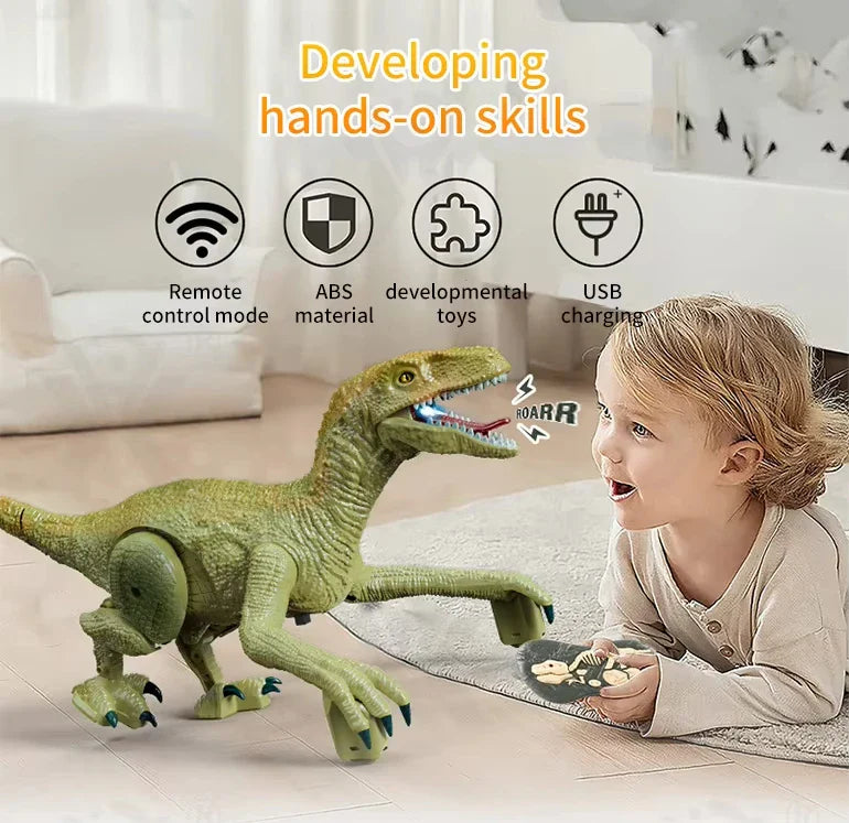 HKM-060307 Remote-Controlled Velociraptor Dinosaur Toy with Walking Motion, Realistic Roar, and Light Effects