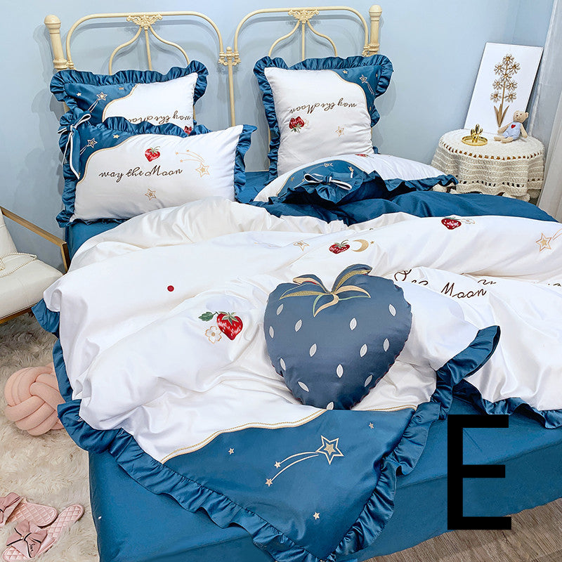 HKM-061715 Cotton Strawberry Embroidery Four-Piece Duvet Cover Bedding Set