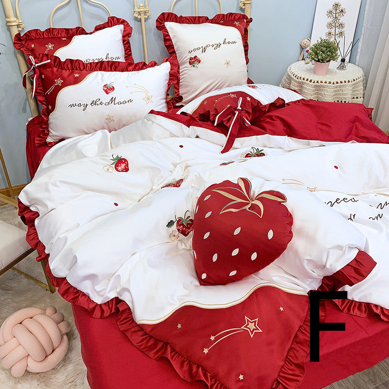 HKM-061715 Cotton Strawberry Embroidery Four-Piece Duvet Cover Bedding Set