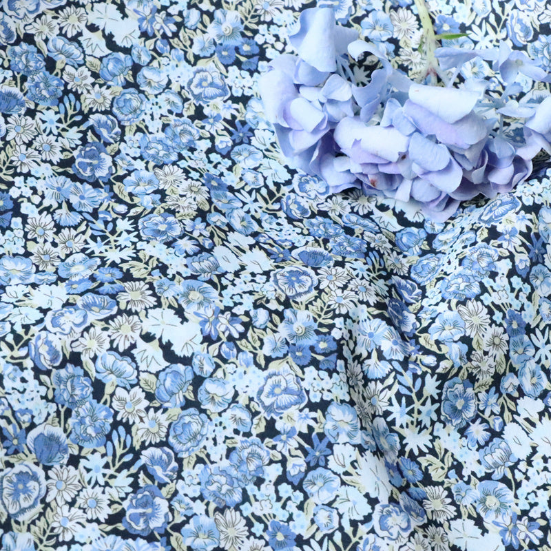 HKM-061715 Small Blue Rose Floral Velvet Cotton Fabric - 80 Pieces, 100% Pure Cotton, Available in Various Lengths