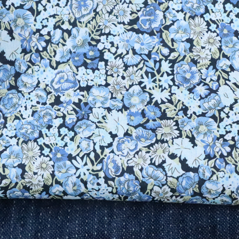 HKM-061715 Small Blue Rose Floral Velvet Cotton Fabric - 80 Pieces, 100% Pure Cotton, Available in Various Lengths