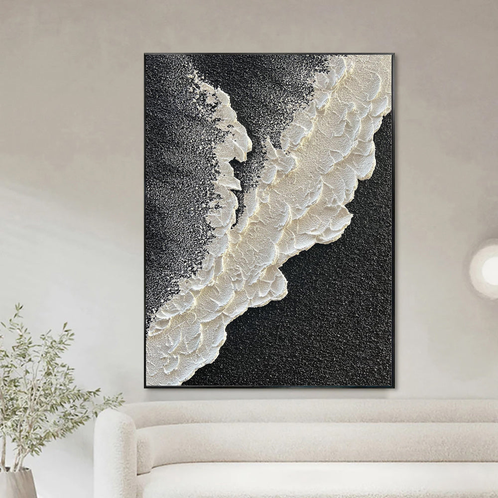 HKM-061971 Hand-Painted Black and White 3D Texture Abstract Landscape Oil Painting on Canvas for Living Room Decor