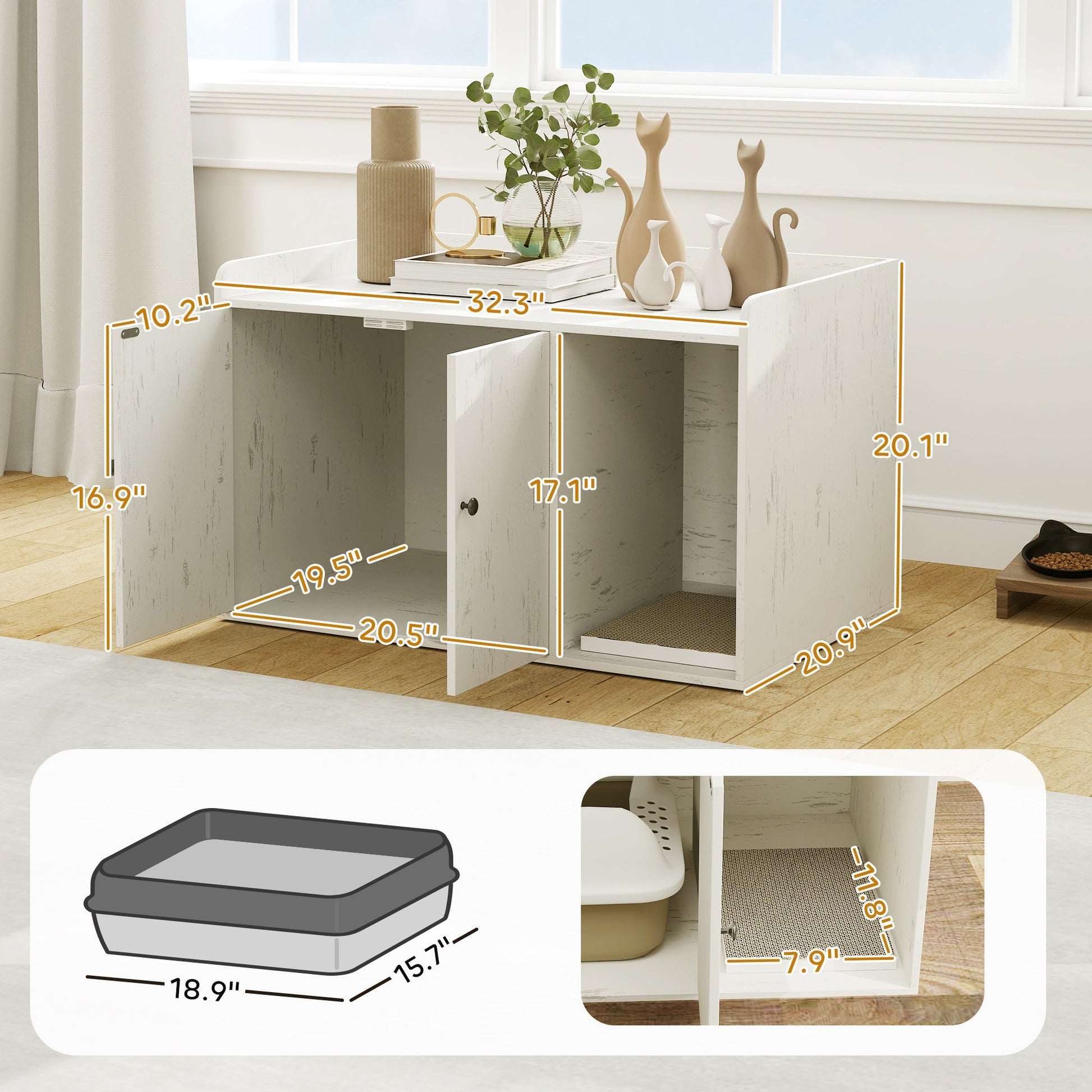 HKM-062035 Distressed White Cat Litter Box Enclosure with Scratching Mat and Private Entrance