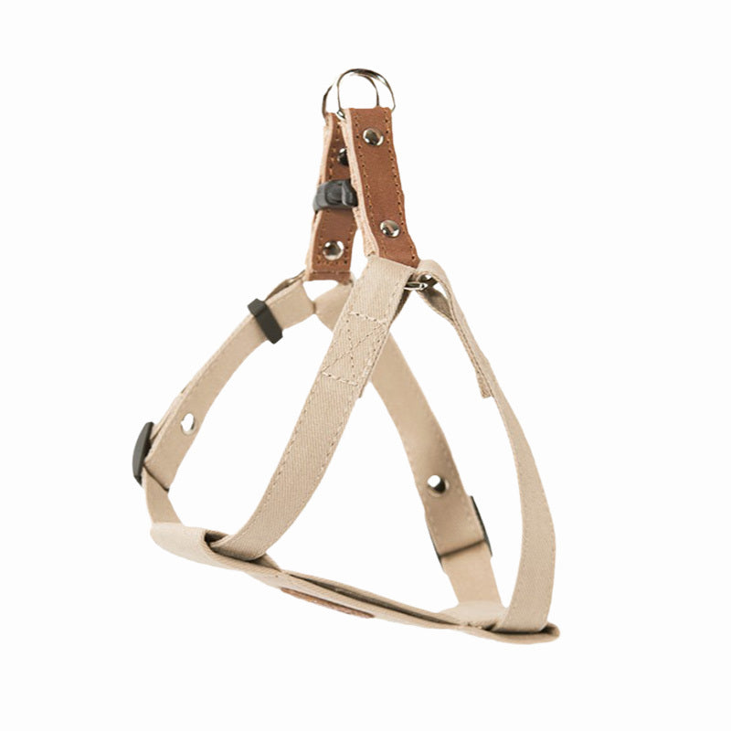HKM-062227 Comfortable Cotton Dog Leash with Leather Strap – Light Blue and Beige, Soft for All Seasons