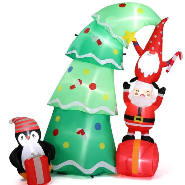 HKM-062803 6 FT Inflatable Christmas Decoration with Tree, Elf, and Santa Claus - Lighted Holiday Yard Decor