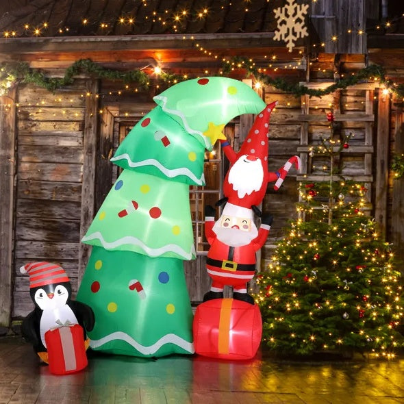 HKM-062803 6 FT Inflatable Christmas Decoration with Tree, Elf, and Santa Claus - Lighted Holiday Yard Decor