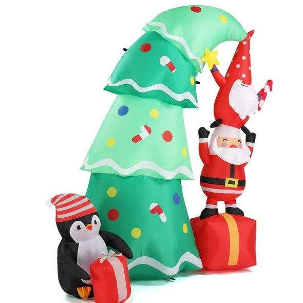 HKM-062803 6 FT Inflatable Christmas Decoration with Tree, Elf, and Santa Claus - Lighted Holiday Yard Decor