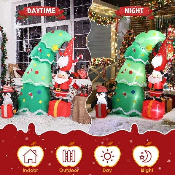 HKM-062803 6 FT Inflatable Christmas Decoration with Tree, Elf, and Santa Claus - Lighted Holiday Yard Decor
