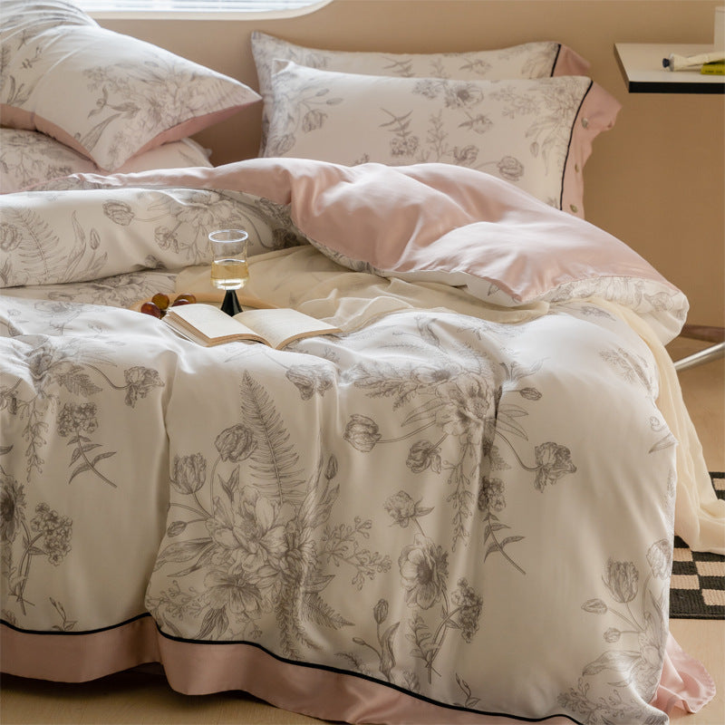 HKM-063187 Retro Pastoral Tencel Bed Set, Lyocell Fiber, Quilt Cover & Pillowcases, Available in Wilderness and Dry Rose
