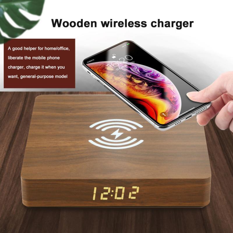 HKM-063443 Wooden Wireless Fast Charger with LED Clock - 10W Qi Charging Station, Micro USB Interface
