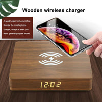 HKM-063443 Wooden Wireless Fast Charger with LED Clock - 10W Qi Charging Station, Micro USB Interface