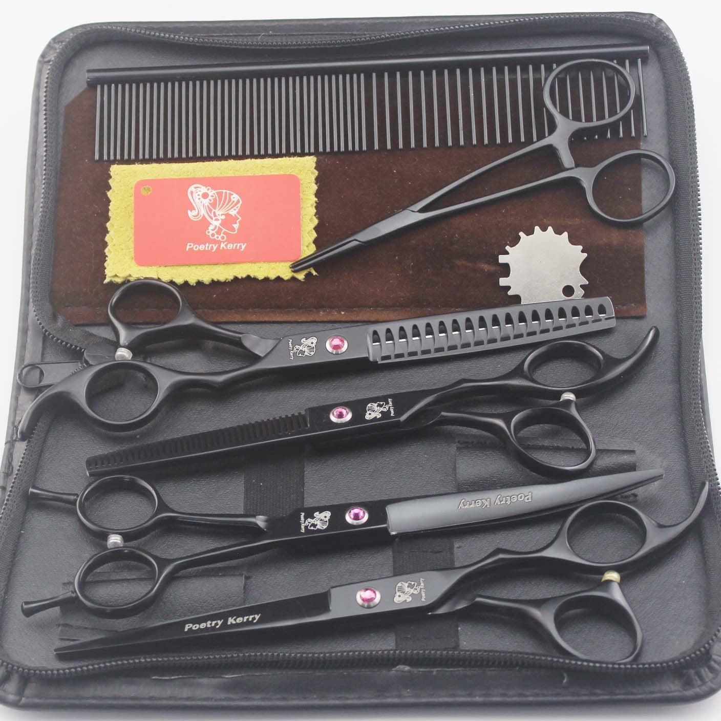 HKM-064275 7-Piece Pet Grooming Scissors Set with Straight and Curved Blades, Combs, and Hemostatic Forceps