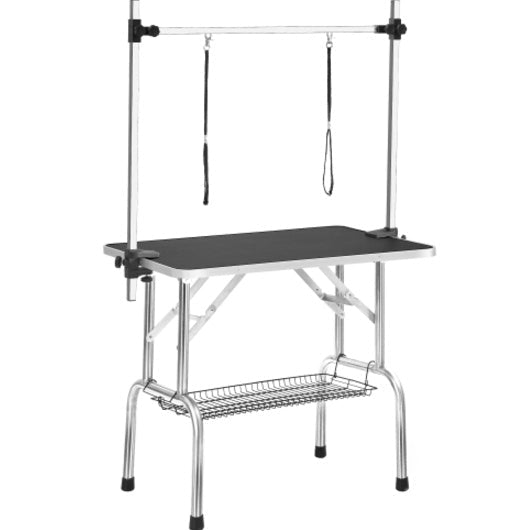 HKM-064339 Large Adjustable Dog Grooming Table with Armrests and Grid Tray, Portable Heavy Duty Stainless Steel Design