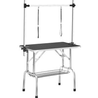 HKM-064339 Large Adjustable Dog Grooming Table with Armrests and Grid Tray, Portable Heavy Duty Stainless Steel Design
