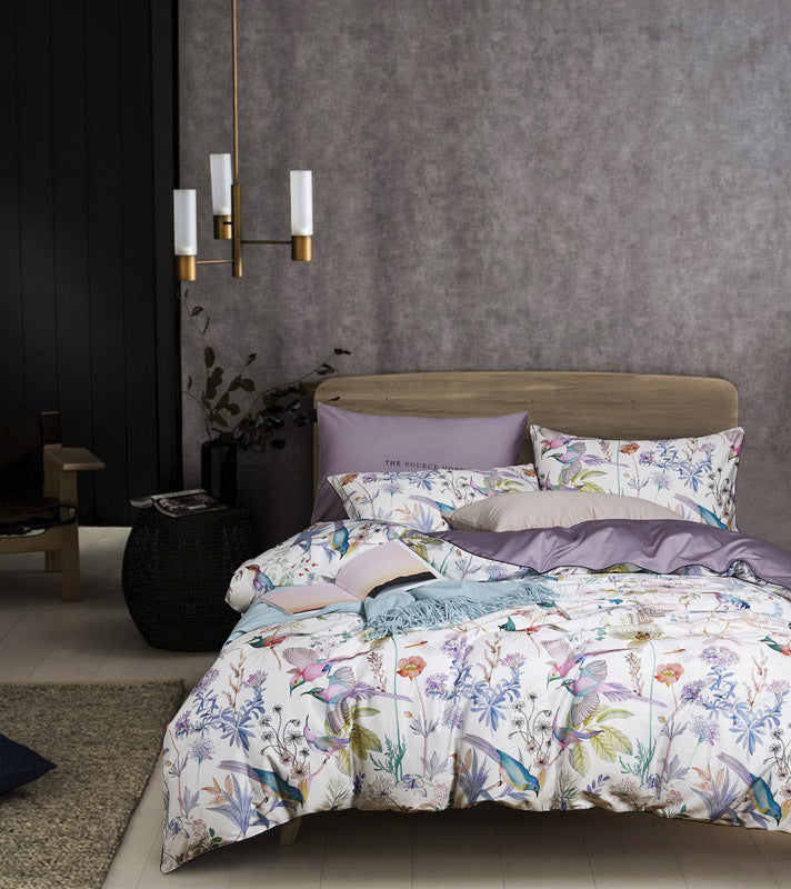 HKM-064339 Satin Long-Staple Cotton Four-Piece Quilt Cover Set with Floral Patterns in Yellow