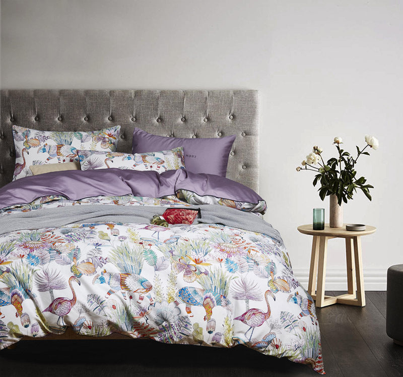HKM-064339 Satin Long-Staple Cotton Four-Piece Quilt Cover Set with Floral Patterns in Yellow