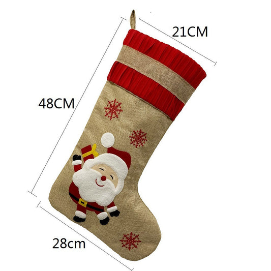 HKM-064787 Vintage Linen Christmas Stockings with Snowman, Deer, and Snowflake Designs