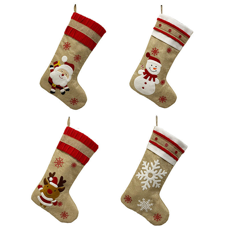 HKM-064787 Vintage Linen Christmas Stockings with Snowman, Deer, and Snowflake Designs