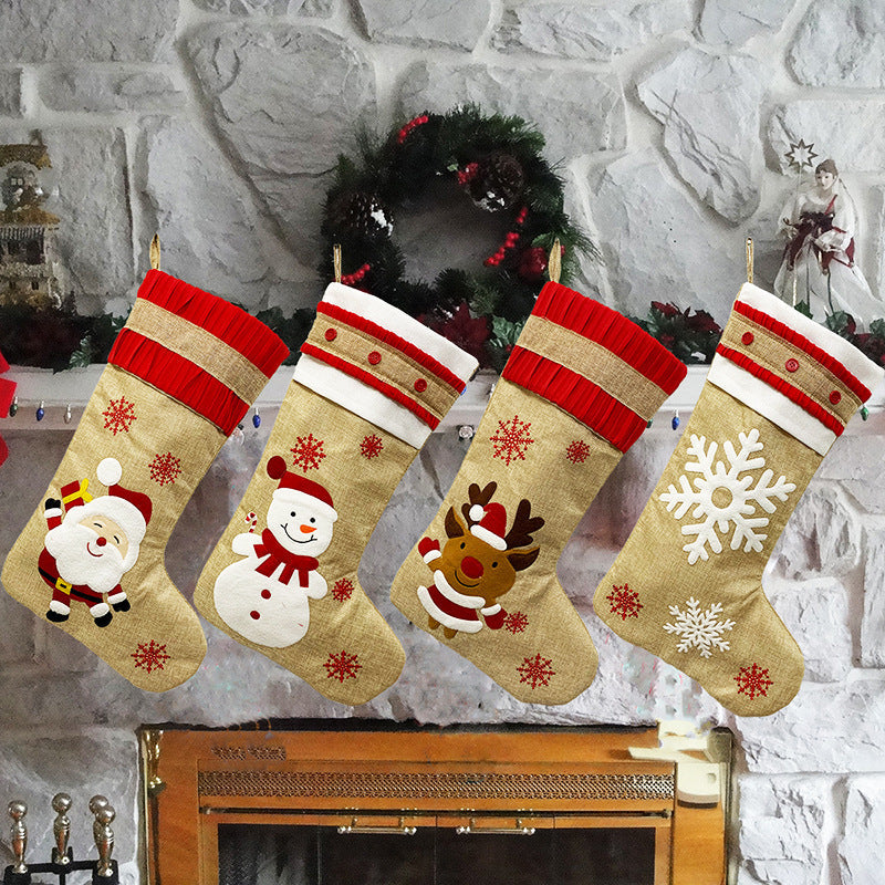 HKM-064787 Vintage Linen Christmas Stockings with Snowman, Deer, and Snowflake Designs