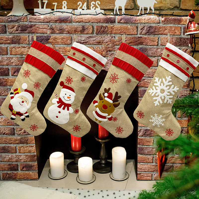 HKM-064787 Vintage Linen Christmas Stockings with Snowman, Deer, and Snowflake Designs