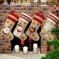 HKM-064787 Vintage Linen Christmas Stockings with Snowman, Deer, and Snowflake Designs