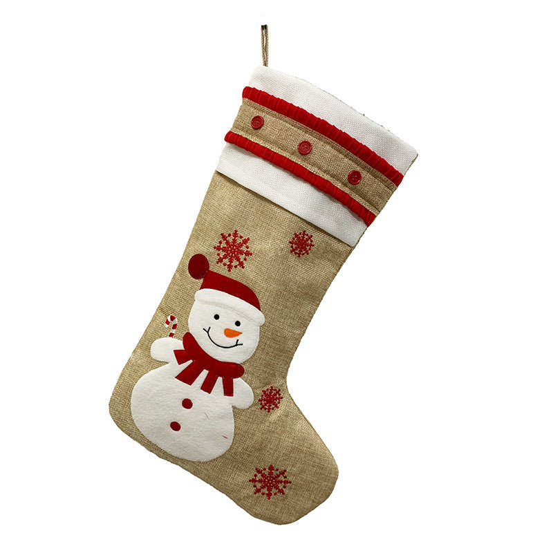 HKM-064787 Vintage Linen Christmas Stockings with Snowman, Deer, and Snowflake Designs