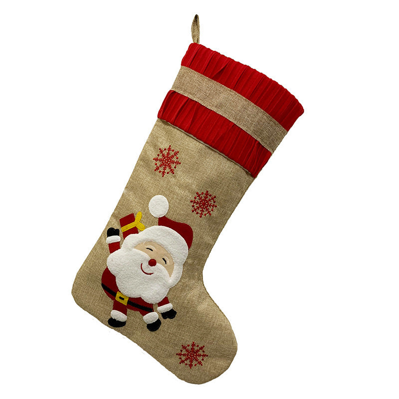 HKM-064787 Vintage Linen Christmas Stockings with Snowman, Deer, and Snowflake Designs