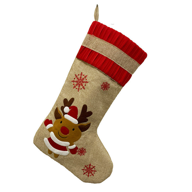 HKM-064787 Vintage Linen Christmas Stockings with Snowman, Deer, and Snowflake Designs